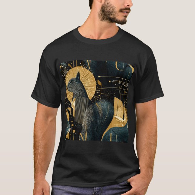 Cosmic Squirrels – Black & Gold Art Deco Pattern T-Shirt (Front)