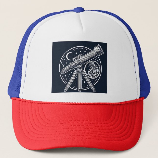 Cosmic Stargazer Vintage Telescope Art Trucker Hat (Front)