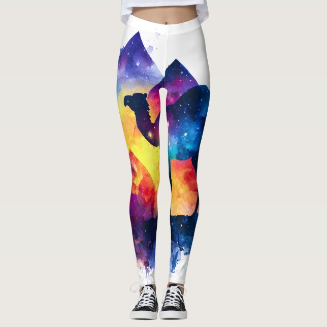 Cosmic Starry Night Egyptian Camel Landscape Leggings (Front)