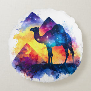 Cosmic Starry Night Egyptian Camel Landscape Round Pillow