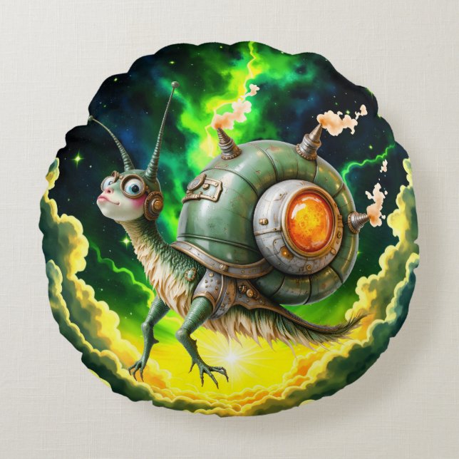 Cosmic Steampunk Snailbird – Neon Dream Creature.  Round Pillow (Front)