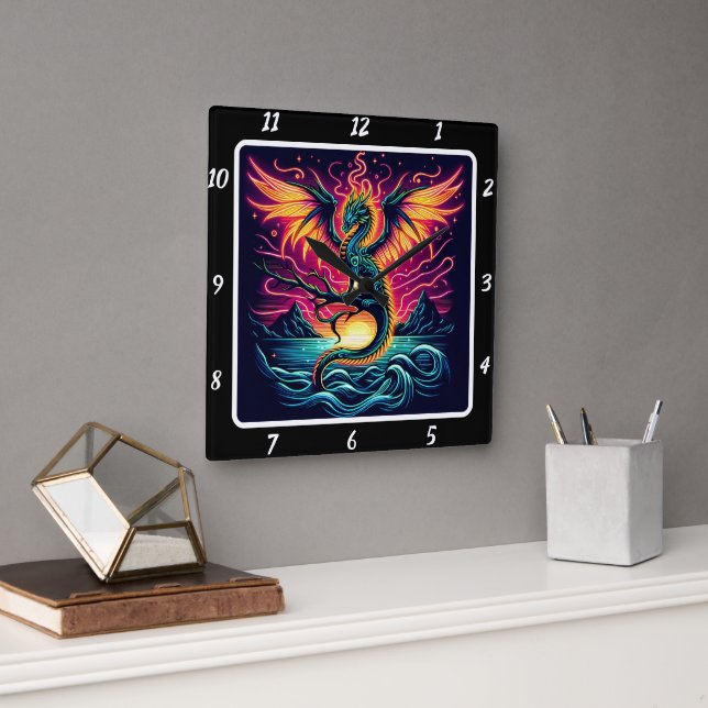 Cosmic Storm Neon Dragon Square Wall Clock (Office)