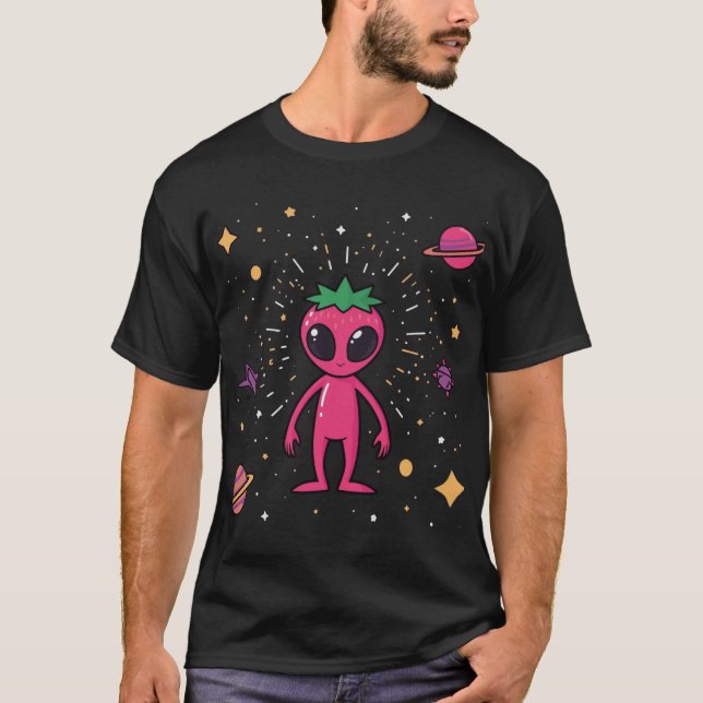 Cosmic Strawberry Alien – Cute Sci-Fi Fruit T-Shirt (Front)