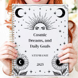 Cosmic Sun and Moon Custom Name Manifestation  Planner<br><div class="desc">This inspiring design features celestial elements like the sun, moon, and stars, surrounded by elegant sunflower illustrations in a minimalist black-and-white style. The phrase "Cosmic Dreams and Daily Goals" adds a motivational touch, encouraging focus and intention. Personalized with a custom name and year, it’s perfect for astrology enthusiasts, dreamers, or...</div>