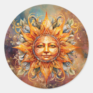 Cosmic Sun Face Digital Art Classic Round Sticker
