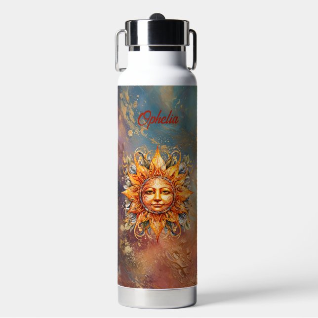 Cosmic Sun Face Digital Art Personalized Water Bottle (Front)