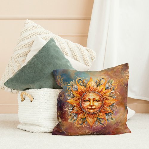 Cosmic Sun Face Digital Art Throw Pillow