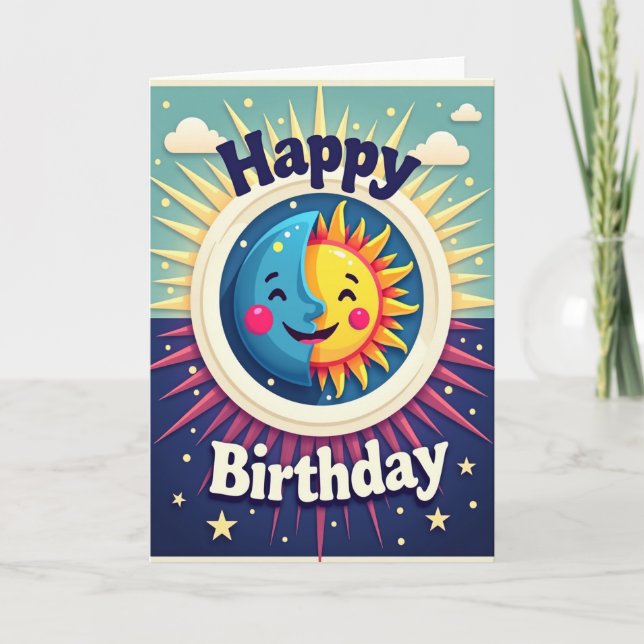 Cosmic Sun Moon Birthday Card (Front)