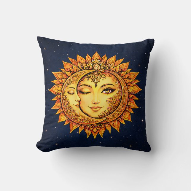 Cosmic Sun Moon Boho Goddess Celestial Mandala Art Throw Pillow (Front)