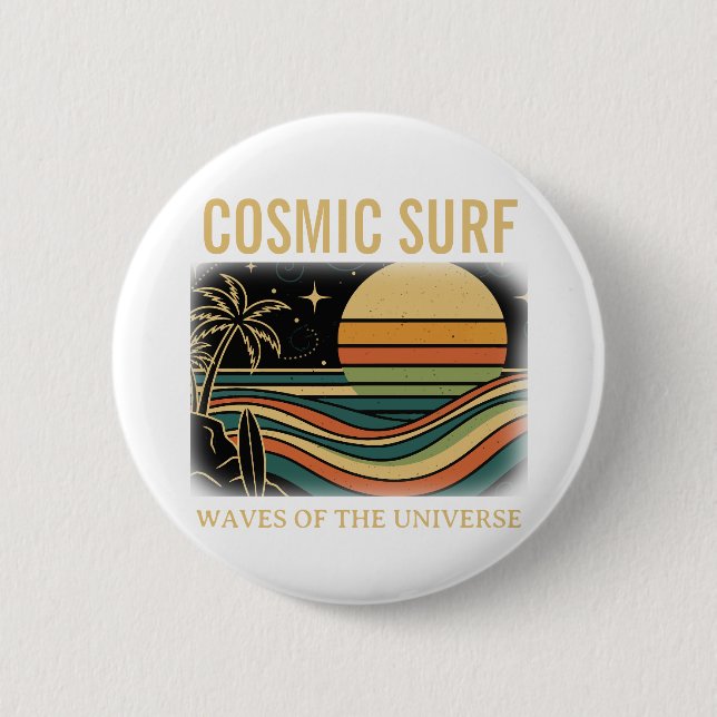 Cosmic Surf Retro Wave • Vintage Sunset Surfing Button (Front)