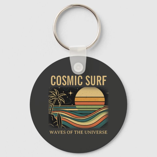 Cosmic Surf Retro Wave • Vintage Sunset Surfing Keychain (Front)