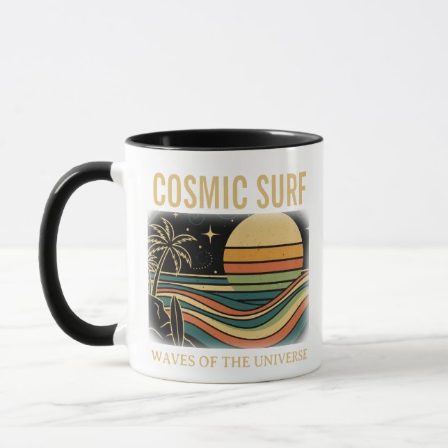 Cosmic Surf Retro Wave • Vintage Sunset Surfing Mug (Left)
