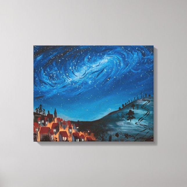 Cosmic Swirl Over Village Night Canvas Art (Front)