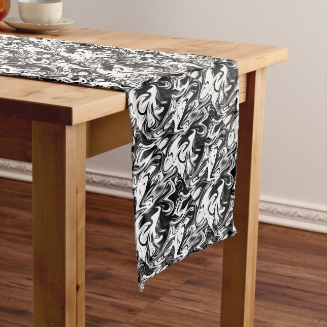 "Cosmic Swirl: The Black and White Marble Elegance Short Table Runner (In Situ)