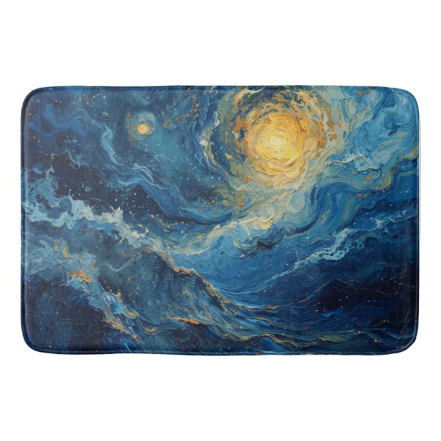 Cosmic Swirls: Ethereal Indigo & Gold Art Bath Mat (Front)