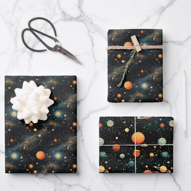 Cosmic Symphony: Solar System Musical Design Wrapping Paper Sheets (Front)
