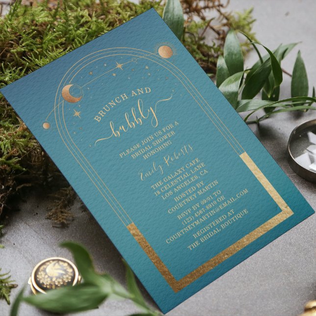 Cosmic Teal Gold Celestial Bridal Shower Invitation (Creator Uploaded)