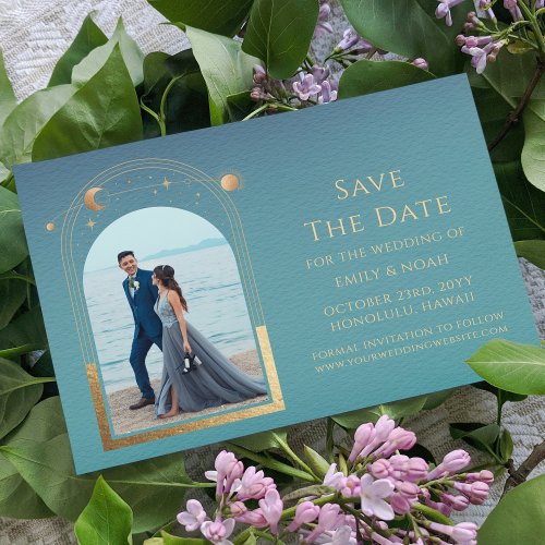 Cosmic Teal Gold Sun Moon Astronomy Space Save The Date