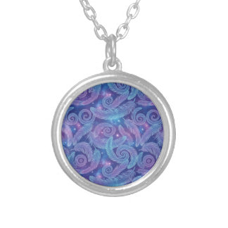 Cosmic Teal-Purple Feather Swirl Pattern Silver Plated Necklace