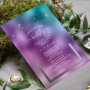 Cosmic Teal Purple Silver Celestial Bridal Shower Invitation