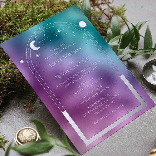 Cosmic Teal Purple Silver Sun Moon Astronomy Space Foil Invitation