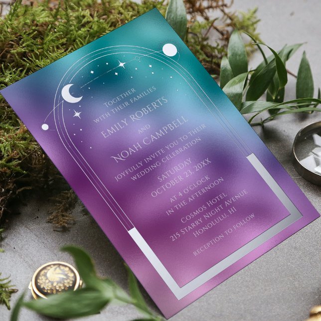 Cosmic Teal Purple Silver Sun Moon Astronomy Space Foil Invitation (Creator Uploaded)