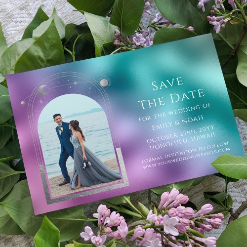 Cosmic Teal Purple Silver Sun Moon Astronomy Space Save The Date