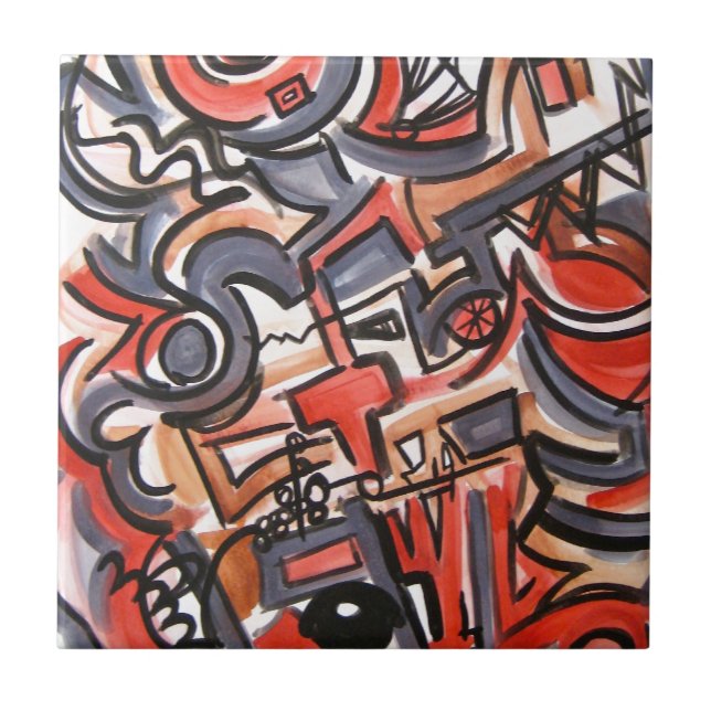 Cosmic Tension-Hand Painted Abstract Geometric Art Ceramic Tile (Front)