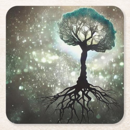 Cosmic Tree  Roots Square Paper Coaster