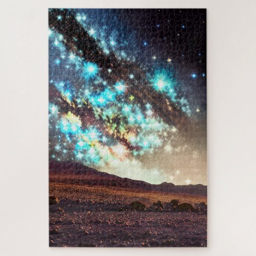 Cosmic turquoise galaxy lights show over desert jigsaw puzzle