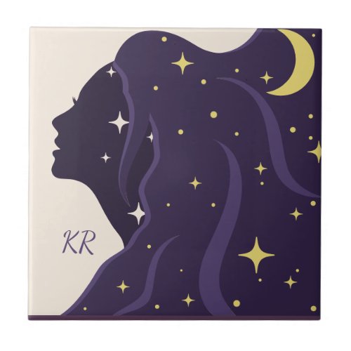 Cosmic Universe Lady Purple Gold Stars Personalize Ceramic Tile