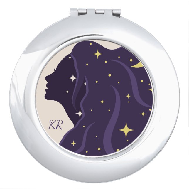 Cosmic Universe Lady Purple Gold Stars Personalize Compact Mirror (Front)