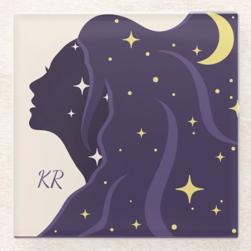 Cosmic Universe Lady Purple Gold Stars Personalize Glass Coaster