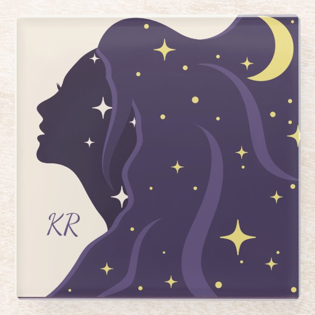 Cosmic Universe Lady Purple Gold Stars Personalize Glass Coaster (Front)