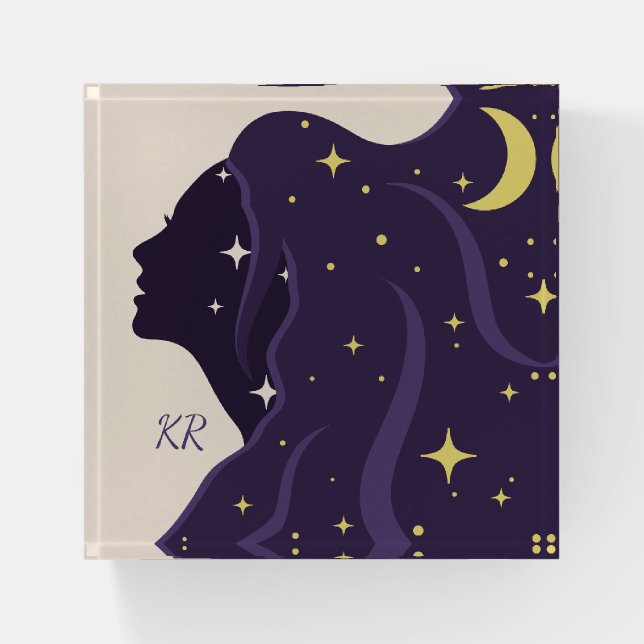 Cosmic Universe Lady Purple Gold Stars Personalize Paperweight (Front)