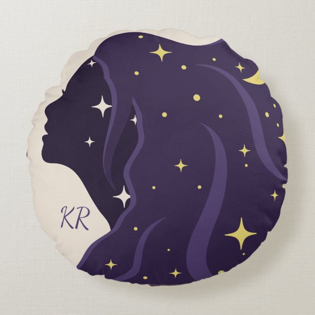Cosmic Universe Lady Purple Gold Stars Personalize Round Pillow (Front)