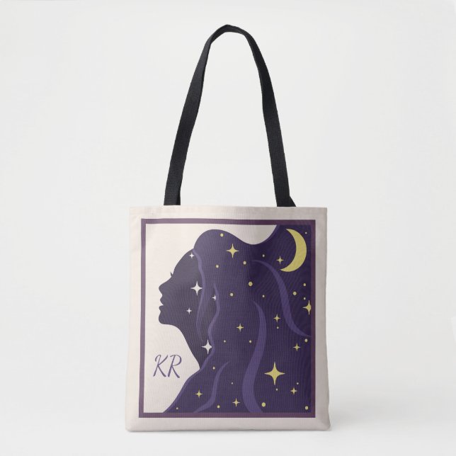 Cosmic Universe Lady Purple Gold Stars Personalize Tote Bag (Front)