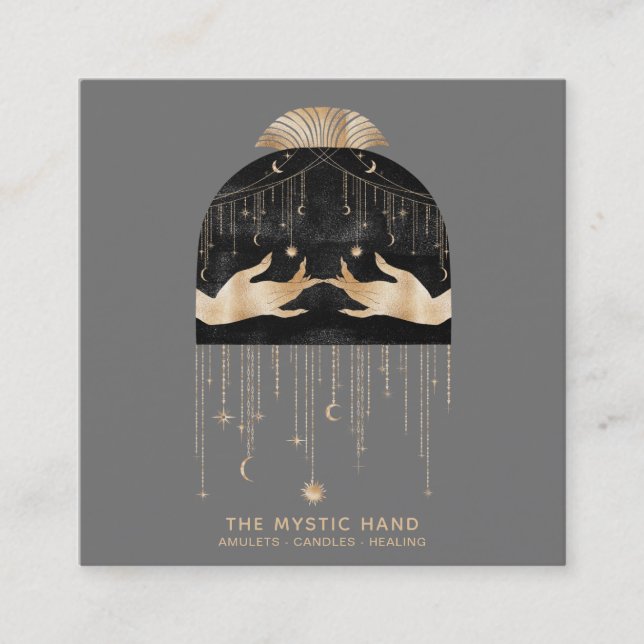 *~* Cosmic Universe  Moon Stars Mystic Hands Square Business Card (Front)