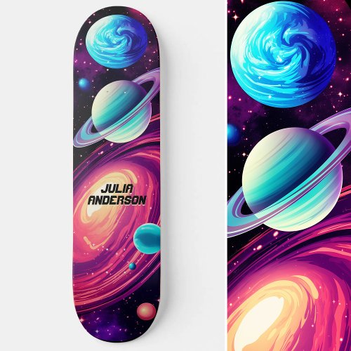 Cosmic Universe Planets Galaxy Pink  Blue Skateboard