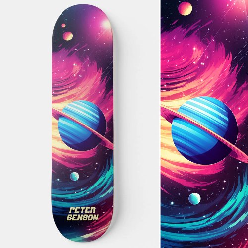 Cosmic Universe Planets Pink  Blue Skateboard