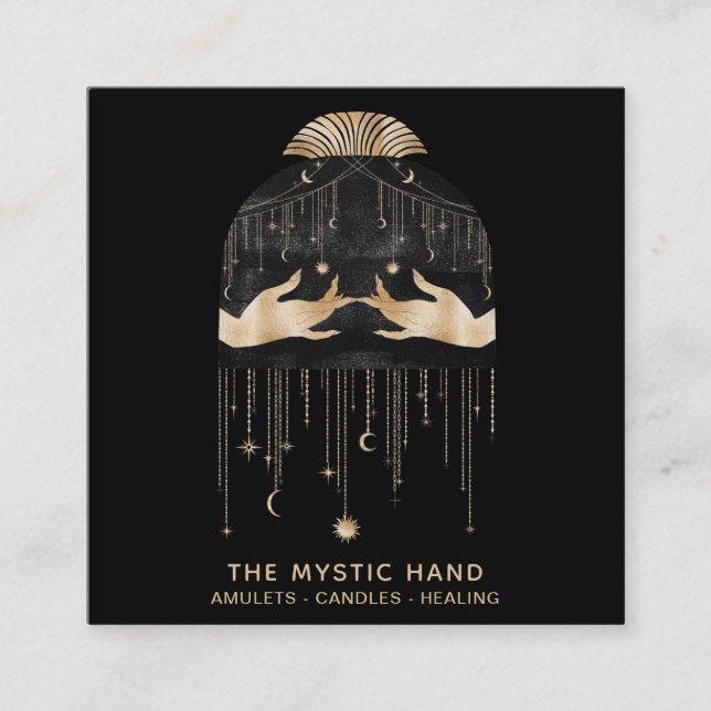 *~* Cosmic Universe Stars Moon Mystic Hands Square Business Card (Front)