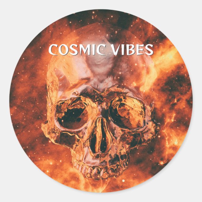 Cosmic Vibes. Flaming skull in space Classic Round Sticker (Front)