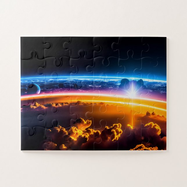 Cosmic View of Rocket Launch Over Fun Rainbow Hues Jigsaw Puzzle (Horizontal)