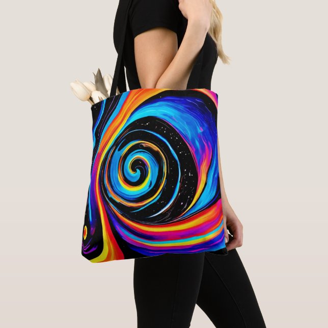 Cosmic Vortex Swirl in Neon Hues Tote Bag (Close Up)
