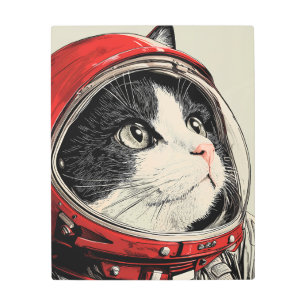 Cosmic Voyager Cat: Retro Sci-Fi Astronaut Feline Metal Print