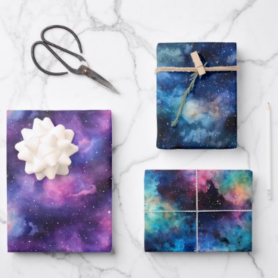 Cosmic Watercolor Blue Purple Galaxy Nebula Wrapping Paper Sheets