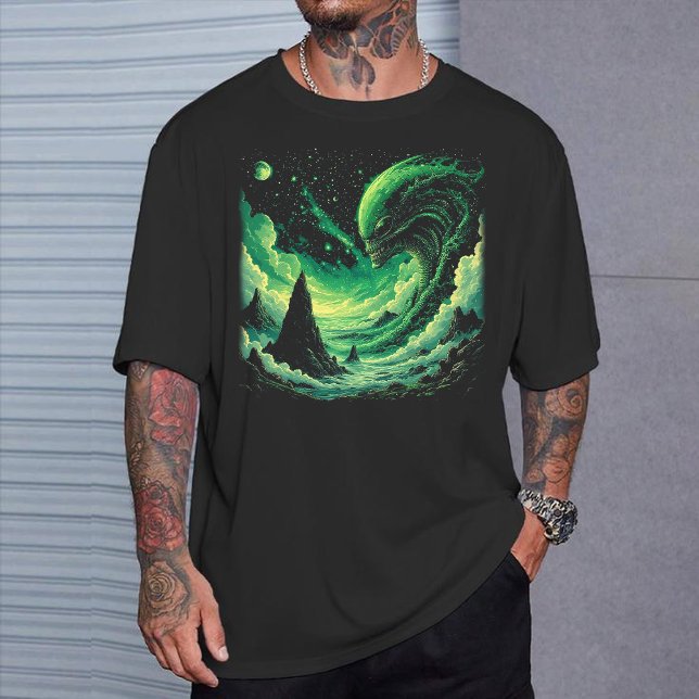 Cosmic Wave T-Shirt: Glowing Green alien Art T-Shirt (Creator Uploaded)