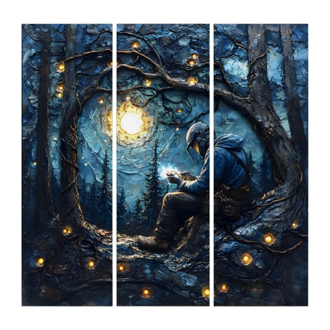 Cosmic Welder Art–Starry Night Welding Masterpiece Triptych (Front)