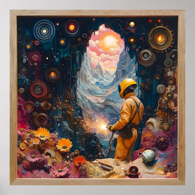 Cosmic Welder in Floral Dreamscape -  Welding art Poster (Front)