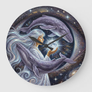 Cosmic Whale and the Girl   Surreal Wall Clock